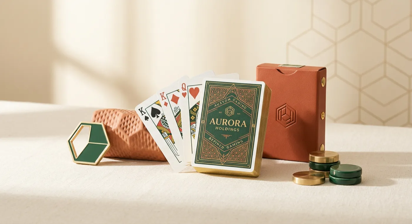 YYK Enterprises premium playing cards, chips and table setting in warm ivory and pine green